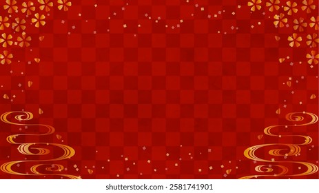 Japanese background: red checkered pattern with gold cherry blossoms and flowing water pattern