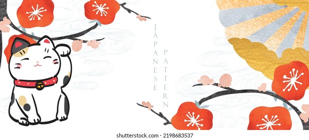 Japanese Background With Red Floral Element In Vintage Style. Beckoning Cat With Paper Fan Icon Design. Branch Of Flower Decoration Banner Design.