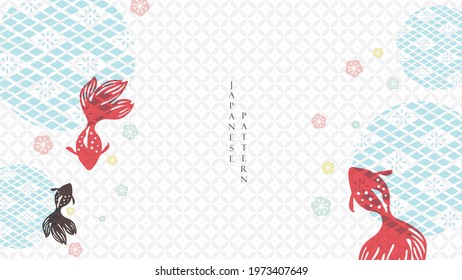 Japanese background with red koi fish decoration pattern vector. Oriental banner design with abstract art elements in vintage style. Circle shape elements.