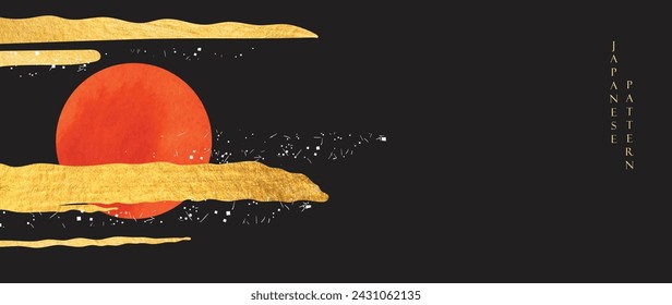 Japanese background with red sun decoration vector. Hand drawn wave with cloud shape elements in oriental style.