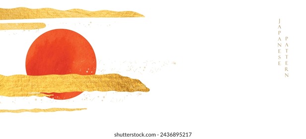 Japanese background with red sun decoration vector. Hand drawn gold texture wave with cloud shape elements in oriental style.