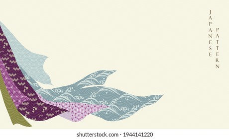Japanese background with ribbon and fabric element vector. Asian traditional pattern with geometric decoration in vintage style.