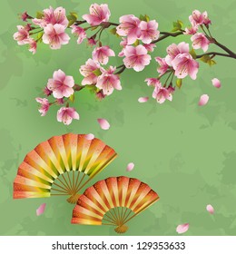 Japanese background with sakura - cherry tree and fans. Vintage or grunge style. Place for text. Vector illustration
