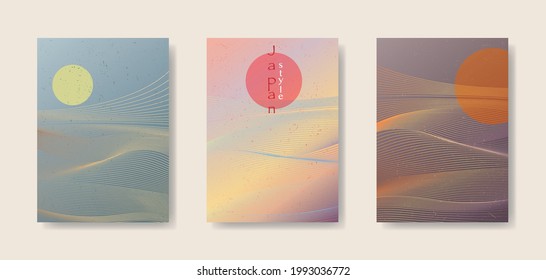 Japanese background set cards with line wave pattern vector illustration. Colorful gradient Abstract template with geometric pattern. Mountain layout design in oriental style, vertical brochure flyer