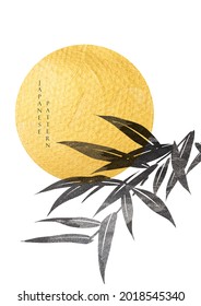 Japanese background with sun and bamboo leaf decoration vector. Gold and black texture with natural pattern in vintage style.