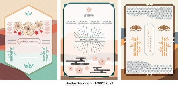 Japanese background and template vector. Asian traditional icons. Cherry blossom flower, bonsai, bamboo, cloud and geometric elements in vintage style.