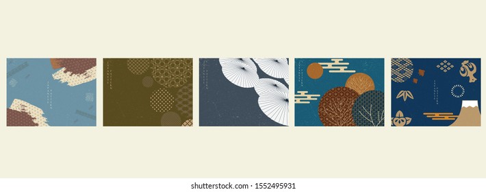 Japanese background with traditional icon vector. Brush stroke and Geometric pattern. Fuji mountain, birds, bamboo and cloud elements.