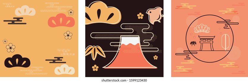 Japanese background with traditional icons vector. Fuji mountain, bonsai, wave and bamboo elements.