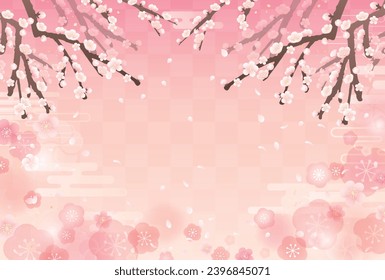 Japanese Background with Ume Branches and Fluttering Petals