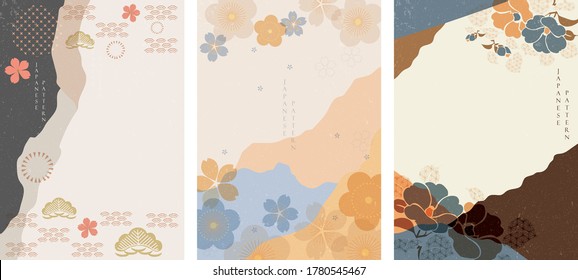 Japanese background vector. Asian icons and symbols. Oriental traditional poster design. Abstract pattern and template. Peony flower, wave, sea, bamboo, pine tree and sun elements