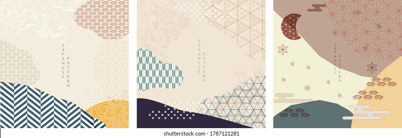 Japanese background vector. Asian icons and symbols. Oriental traditional poster design. Abstract pattern and template. Peony flower, wave, sea, bamboo, pine tree and sun elements