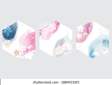 Vector de fondo japonés con iconos de flor de cerezo y símbolos de ondas. Diseño de afiches tradicionales orientales con textura acuarela. Patrón abstracto y plantilla. 