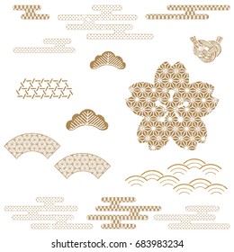 Japanese background vector. Gold geometric traditional pattern. Cherry blossom flower, bonsai, fan and cloud icon. cover page, template, poster, backdrop. svg