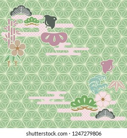Japanese background vector. Green geometric template. Line pattern with Japanese elements. Pine tree, bird, bamboo and cherry blossom decoration card.