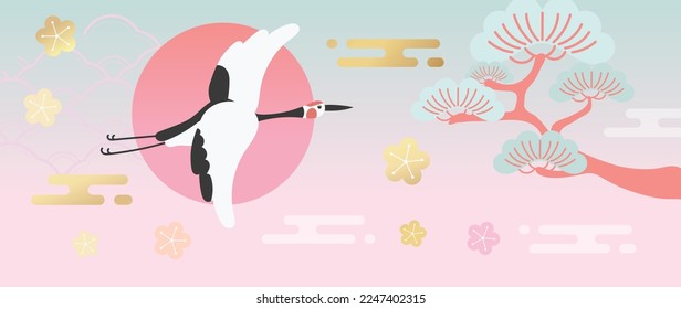 Japanese background vector illustration. Happy new year decoration template pastel japanese pattern style, crane bird, trees with golden texture element. Design for card, wallpaper, poster, banner.