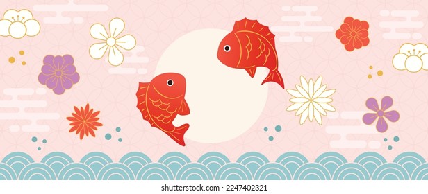 Japanese background vector illustration. Happy new year decoration template in pastel vibrant color japanese pattern style with goldfish, flower and wave. Design for card, wallpaper, poster, banner.