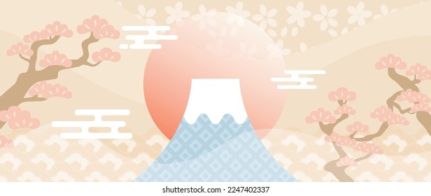 Japanese background vector illustration. Happy new year decoration template pastel japanese pattern style with crane bird, trees, cloud and mount fuji. Design for card, wallpaper, poster, banner.
