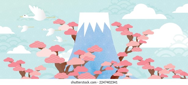 Japanese background vector illustration. Happy new year decoration template pastel japanese pattern style with crane bird, trees, cloud and mount fuji. Design for card, wallpaper, poster, banner.