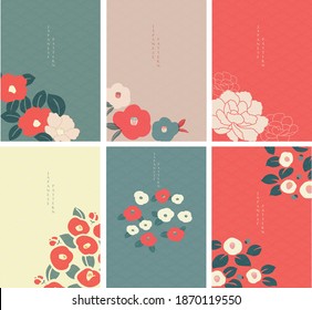 Japanese background vector. Peony flower background. Camellia floral decoration with wave pattern.