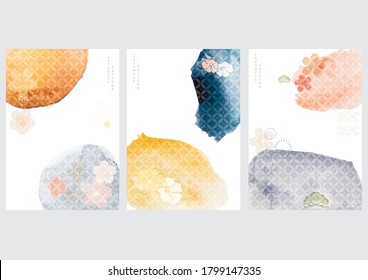 Vector de fondo japonés con textura de acuarela. Iconos de flores de cerezo y símbolos de olas. Diseño de afiches tradicionales orientales. Patrón abstracto y plantilla. 
