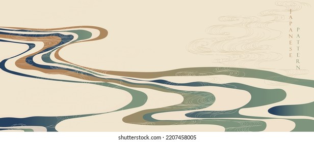  Japanese background with water surface texture element vector. Oriental natural wave pattern with ocean sea decoration banner design in vintage style. Marine template in luxury style.