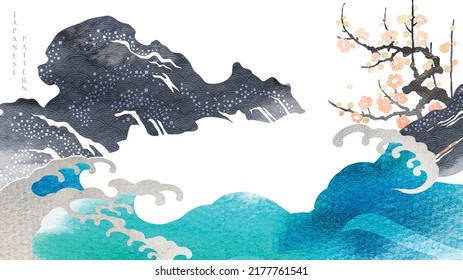 Japanese background with watercolor texture painting texture. Oriental natural wave pattern with stone and ocean sea decoration banner design in vintage style. Branch of flower element.