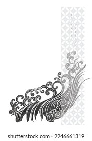 Japanese background with watercolor texture painting element vector. Oriental natural wave pattern with black ocean sea decoration banner design in vintage style. Marine template.