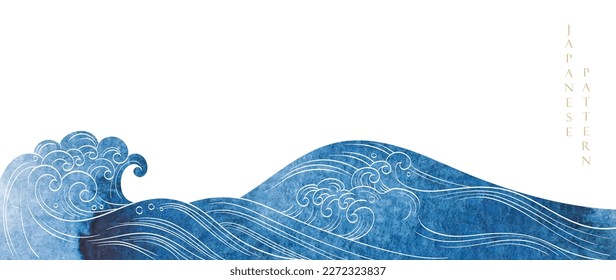 Japanese background with watercolor texture painting element vector. Oriental natural wave pattern with ocean sea decoration banner design in vintage style. Marine template.