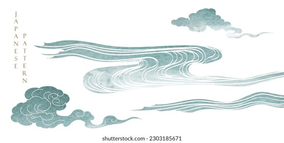 Japanese background with watercolor texture painting element vector. Blue oriental natural wave pattern with ocean sea decoration banner design in vintage style. Marine template.