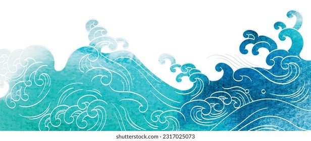 Japanese background with watercolor texture painting element vector. Oriental natural wave pattern with ocean sea decoration banner and backdrop design in vintage style. Marine template.