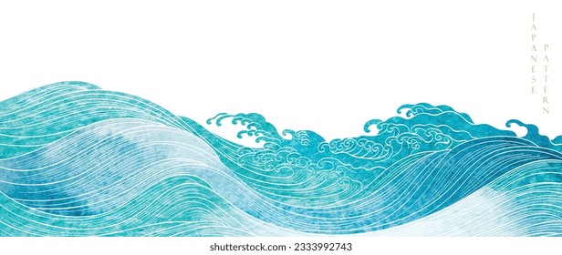  Japanese background with watercolor texture painting element vector. Oriental hand drawn natural wave pattern with ocean sea decoration banner design in vintage style. Marine template.