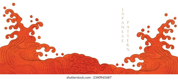 Japanese background with watercolor texture painting element vector. Oriental natural wave pattern with ocean sea decoration banner design in vintage style. Marine template