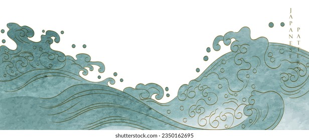 Japanese background with watercolor texture painting element vector. Oriental natural wave pattern with ocean sea decoration banner design in vintage style. Marine template.