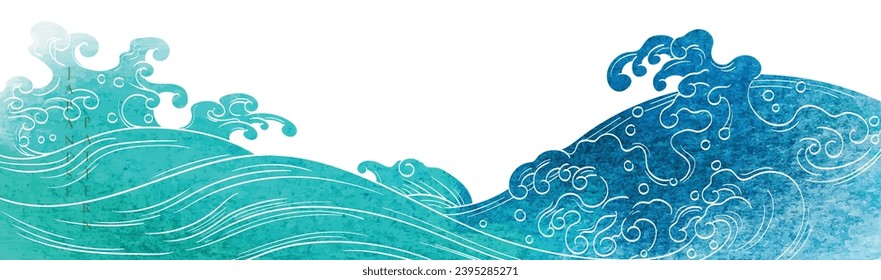 Japanese background with watercolor texture painting element vector. Oriental hand drawn natural wave pattern with ocean sea decoration banner design in vintage style. Marine template