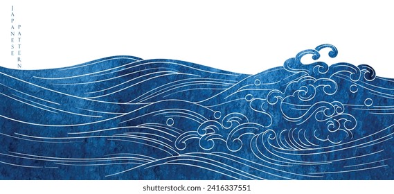 Japanese background with watercolor texture painting element vector. Oriental hand drawn natural wave pattern with ocean sea decoration banner design in vintage style. Marine template