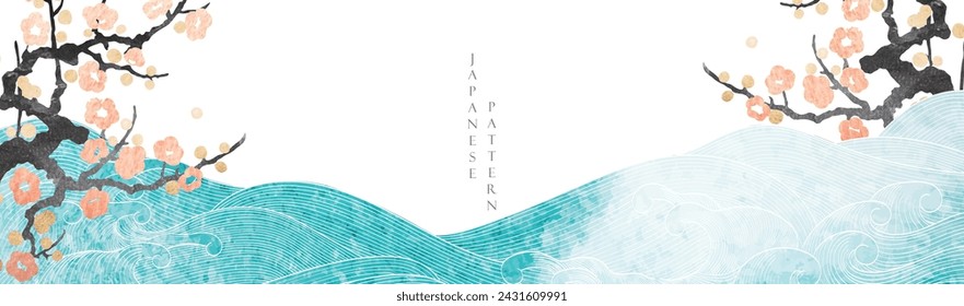 Japanese background with watercolor texture painting texture. Oriental natural blue ocean and branch of flower pattern with wave decoration banner design in vintage style. River pattern element.