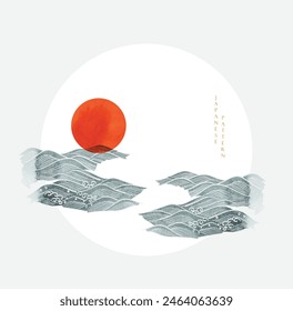 Japanese background with watercolor texture painting element vector. Red sun oriental natural pattern with ocean sea decoration banner design. Marine template. Hand drawn wave in vintage style.