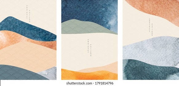 Japanese background with watercolor texture vector. Abstract template with geometric pattern. Mountain layout design in oriental style