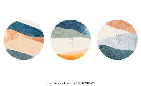 Japanese background with watercolor texture vector. Abstract template with geometric pattern. Mountain icon and banner design in oriental style