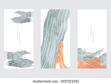 Japanese background with watercolor texture vector. Painting brush decoration with hand drawn wave elements in vintage style.