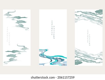 Japanese background with watercolor texture vector. Brush stroke decoration with hand drawn ocean sea elements in vintage style. Wave pattern.