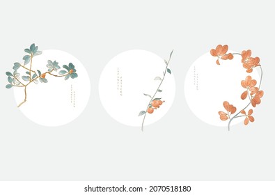 Fondo japonés con vector de textura acuarela. Hojas 
 y decoración de ramas de flores con ilustración de patrones florales en estilo vintage. Logo natural de línea dibujada a mano y diseño de iconos.