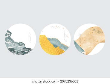 Japanese Background With Watercolor Texture Vector. Brush Stroke Decoration With Hand Drawn Wave Elements And Rolling Paper In Vintage Style.