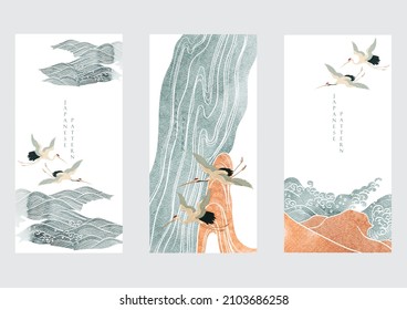 Japanese background with watercolor texture vector. Brush stroke decoration with hand drawn ocean sea elements in vintage style. Wave pattern with crane birds illustration.