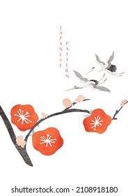 Japanese background with watercolor texture vector. Cherry blossom flower branch decoration with floral pattern illustration in vintage style. Crane birds element.