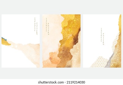 Japanese background with watercolor texture vector. Abstract art template with geometric pattern. Mountain layout design in oriental style. Yellow and gold banner.