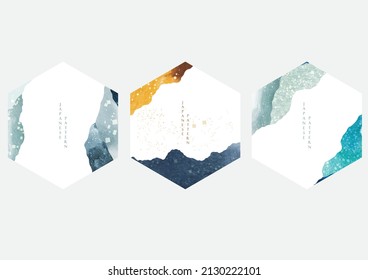 Japanese background with watercolor texture vector. Abstract art template with geometric pattern. Mountain layout design in oriental style. Yellow and blue brush stroke banner.