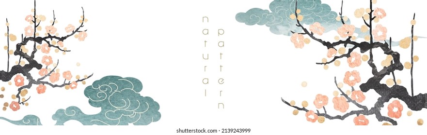 Japanese background with watercolor texture vector. Cherry blossom flower branch, Chinese cloud and chinese element decorations in vintage style. Art abstract banner and template design. 