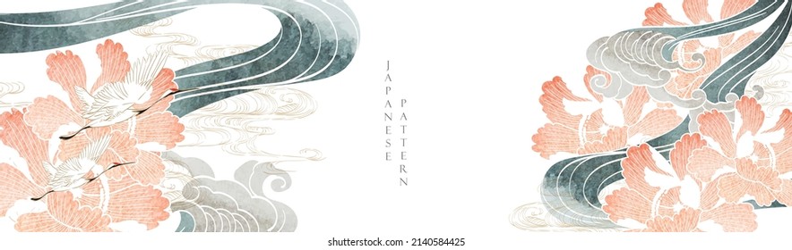 Japanese background with watercolor texture vector. Peony  flower and chinese wave decorations with crane bird in vintage style. Art landscape banner design. 
