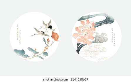 Japanese background with watercolor texture vector. Peony  flower and chinese wave decorations in vintage style. Art landscape card design. Circle shape with crane birds element.